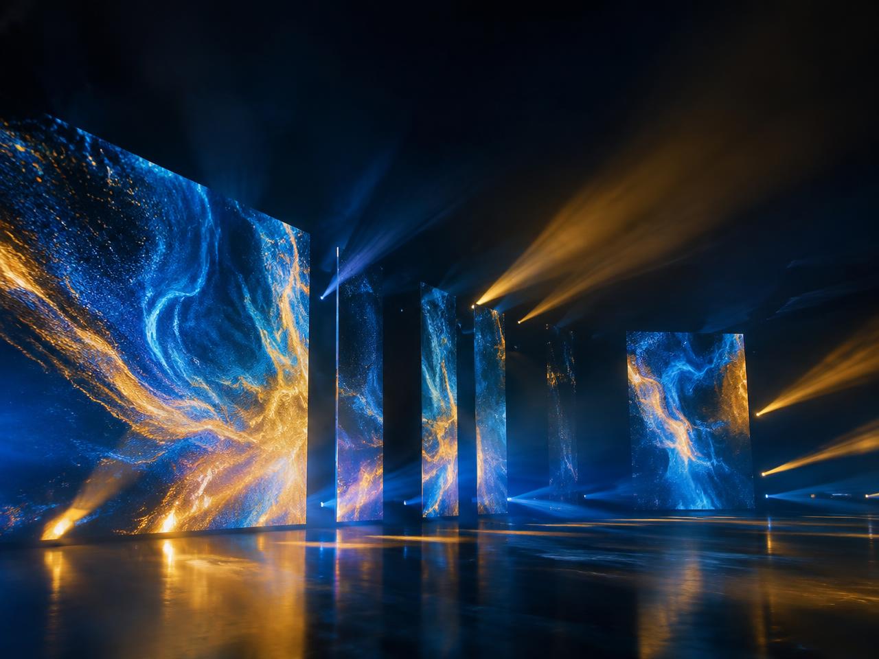 Ilustración de pantallas LED con contenido azul y dorado e iluminación escénica