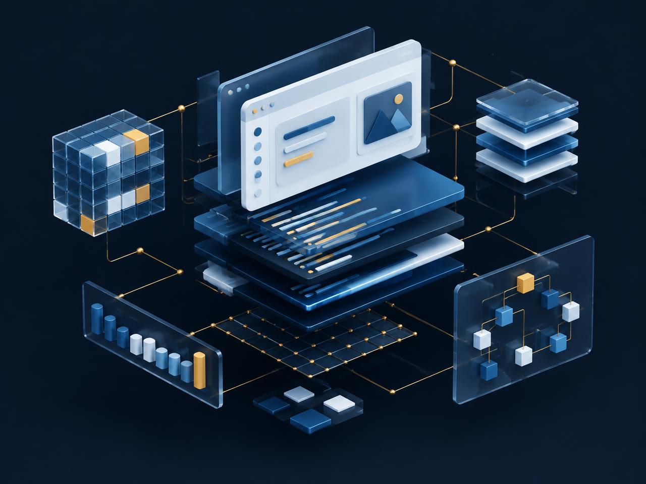 Ilustración de interfaces, código y módulos de software conectados